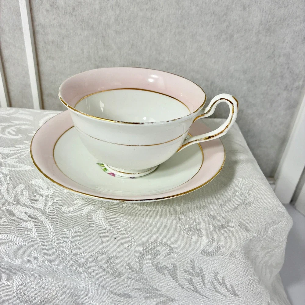 Clare Bone China Tea Cup and Saucer Set Pink Floral Gold Gilt Made in England
